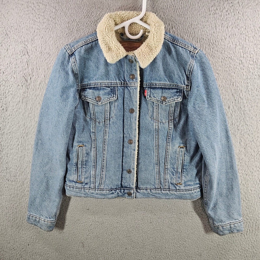 Levi's Womens Ex-Boyfriend Sherpa Trucker Jacket Light Wash Denim Blue Size M